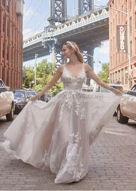 V Neck Beaded Ivory Lace Tulle Airy Wedding Dress